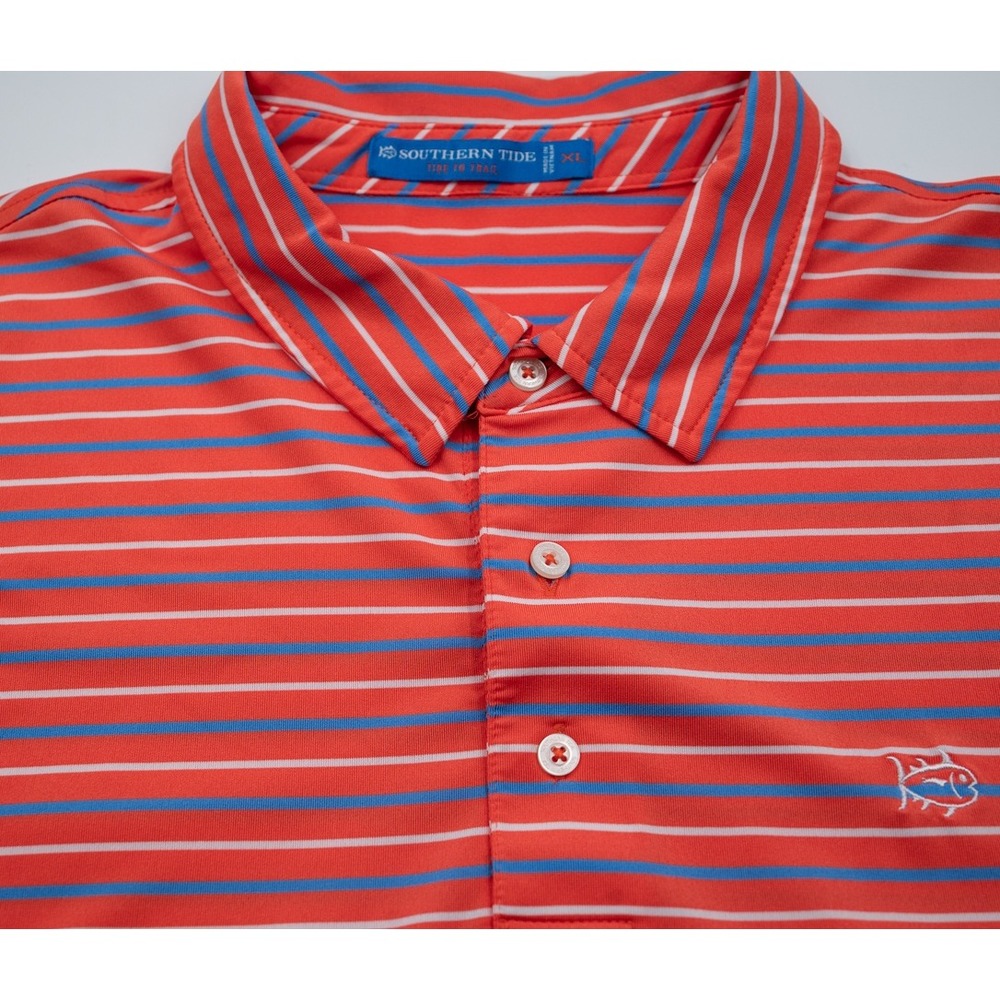 Southern Tide Tide to Trail Mens XL Polo Shirt Orange Blue Striped Performance